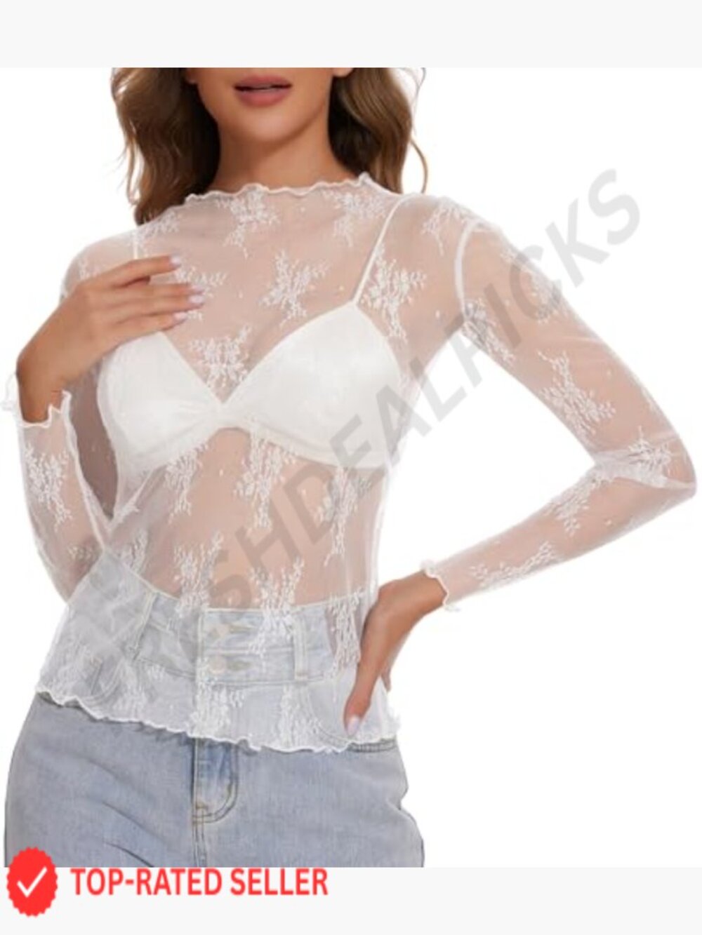 Lace Mesh Long Sleeve Top Sheer Floral Mock Neck Blouse Party Night Out - Picture 2 of 7